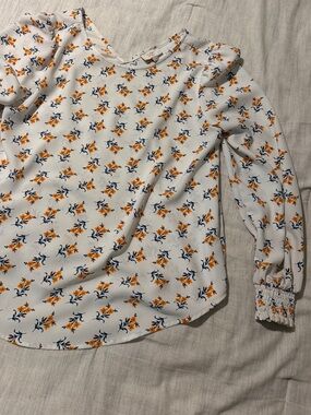 LOFT White Blouse with Orange and Navy Floral Print